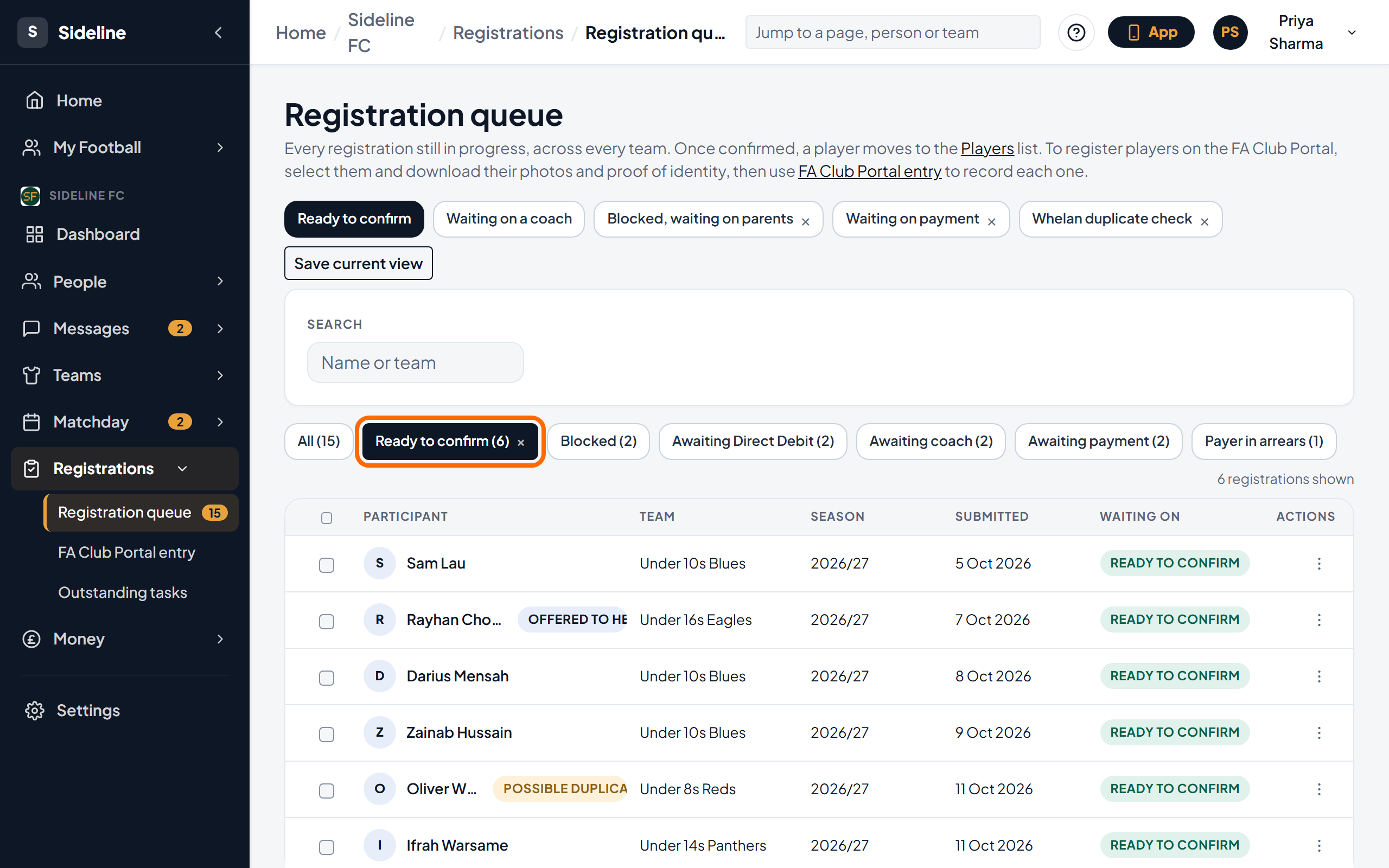 The registration queue with the Ready to confirm status selected and five registrations shown