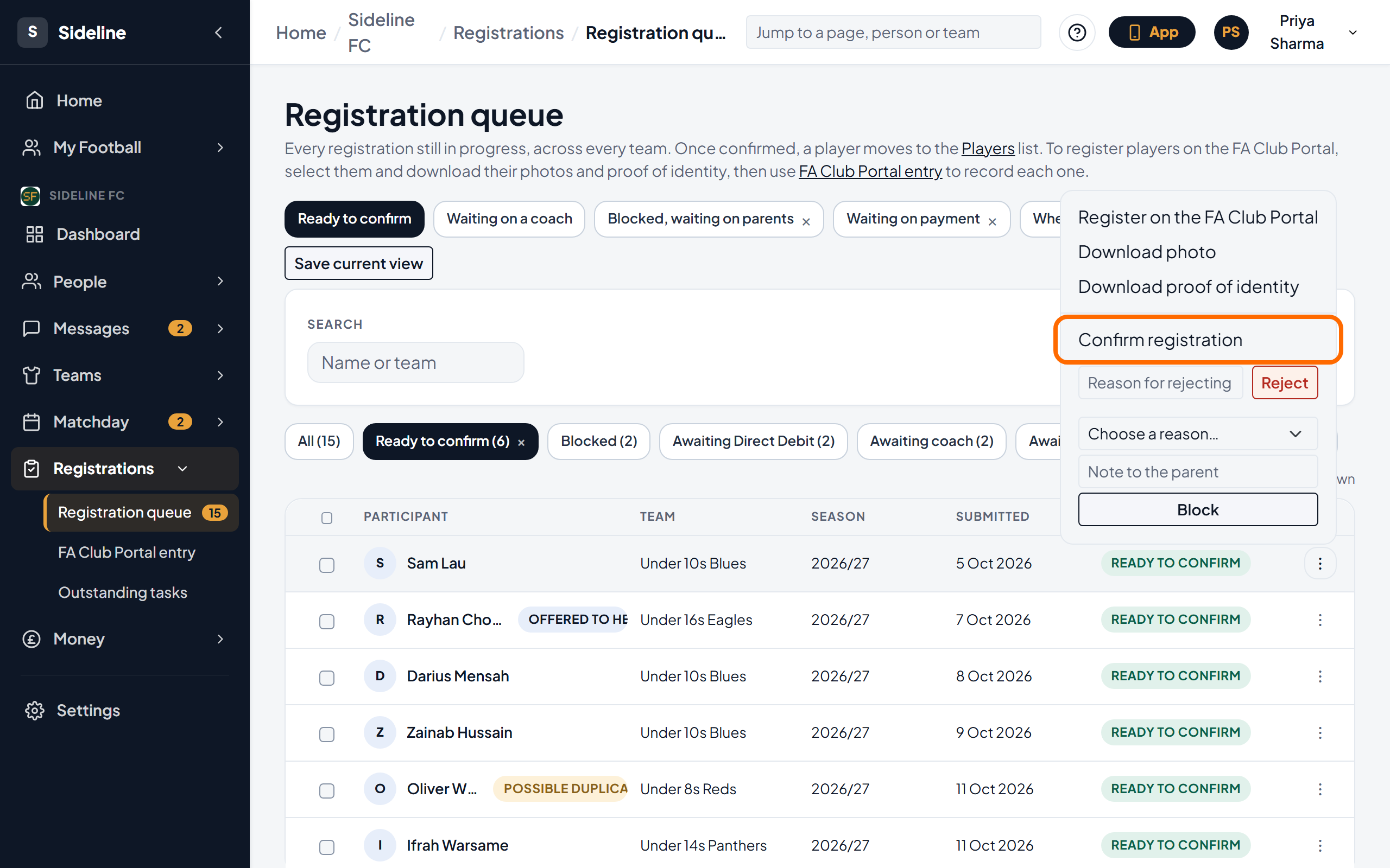The menu at the end of a row, with Confirm registration at the top