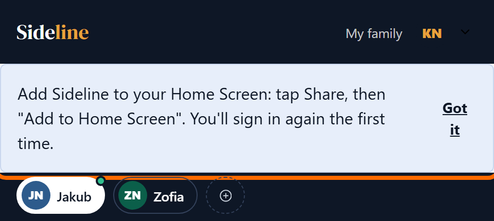 The top of the Sideline home screen on an iPhone, with the box that explains how to add Sideline to the Home Screen
