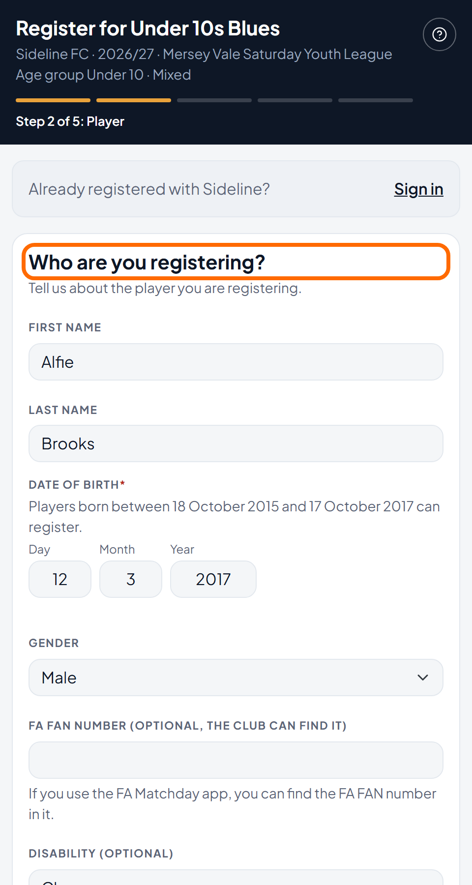 The Player screen, filled in with a child's name, date of birth, gender and address