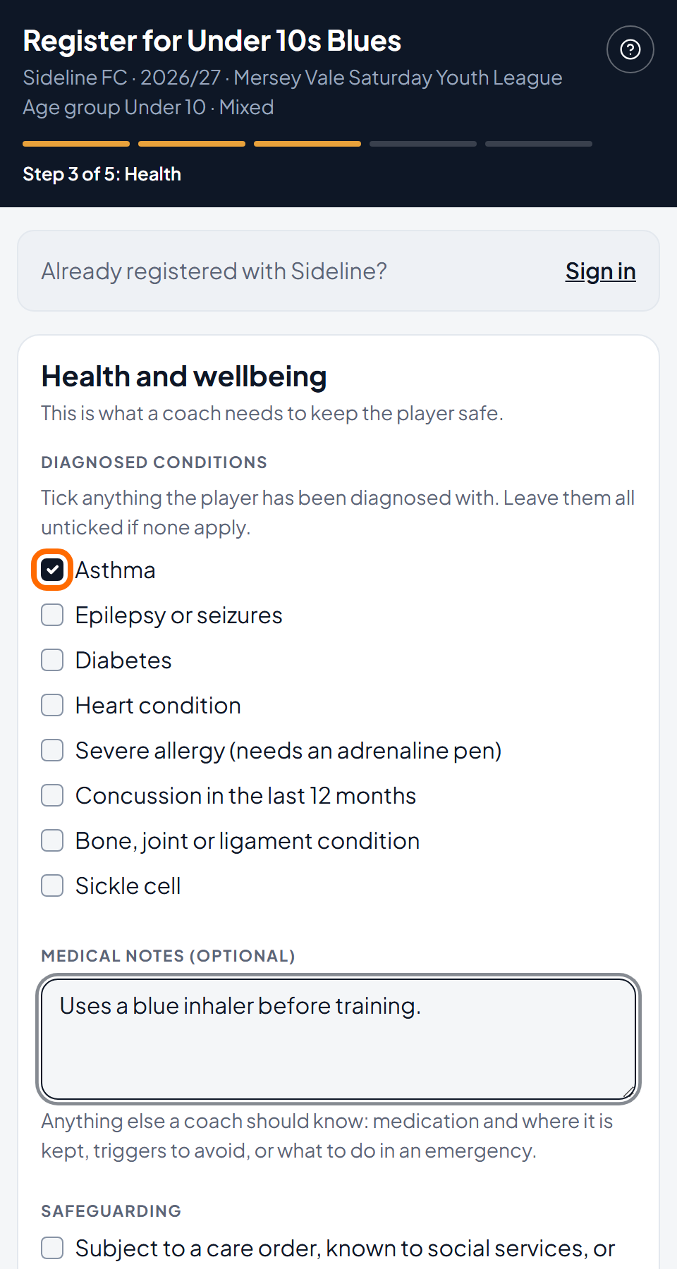 The Health screen with one condition ticked and a note for the coach
