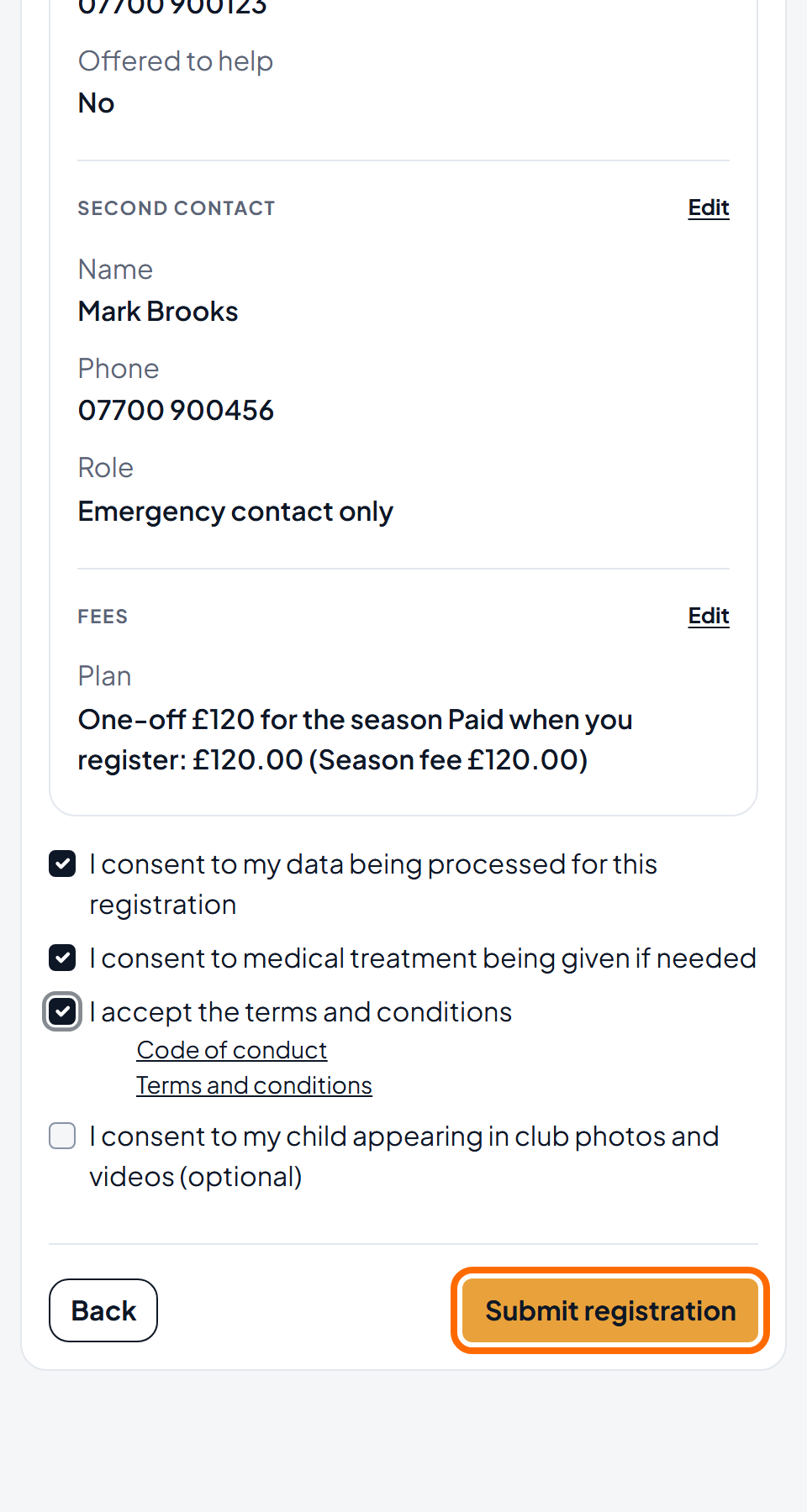 The end of the Review screen, with the consents ticked and the Submit registration button outlined